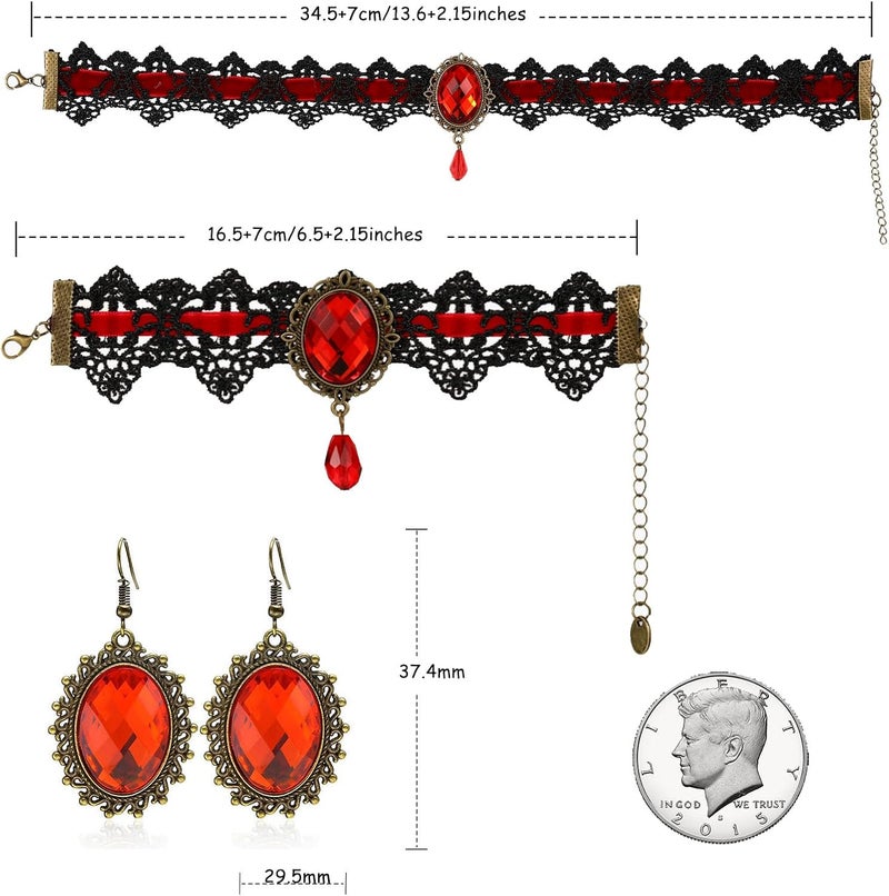 ELLEZZA Gothic Victorian Style Vampire Choker Necklace Bracelet Earrings Set,Halloween Pirate Steampunk Witch Vampire Costume Accessories Jewelry for Women,Adjustable Size - Image 5
